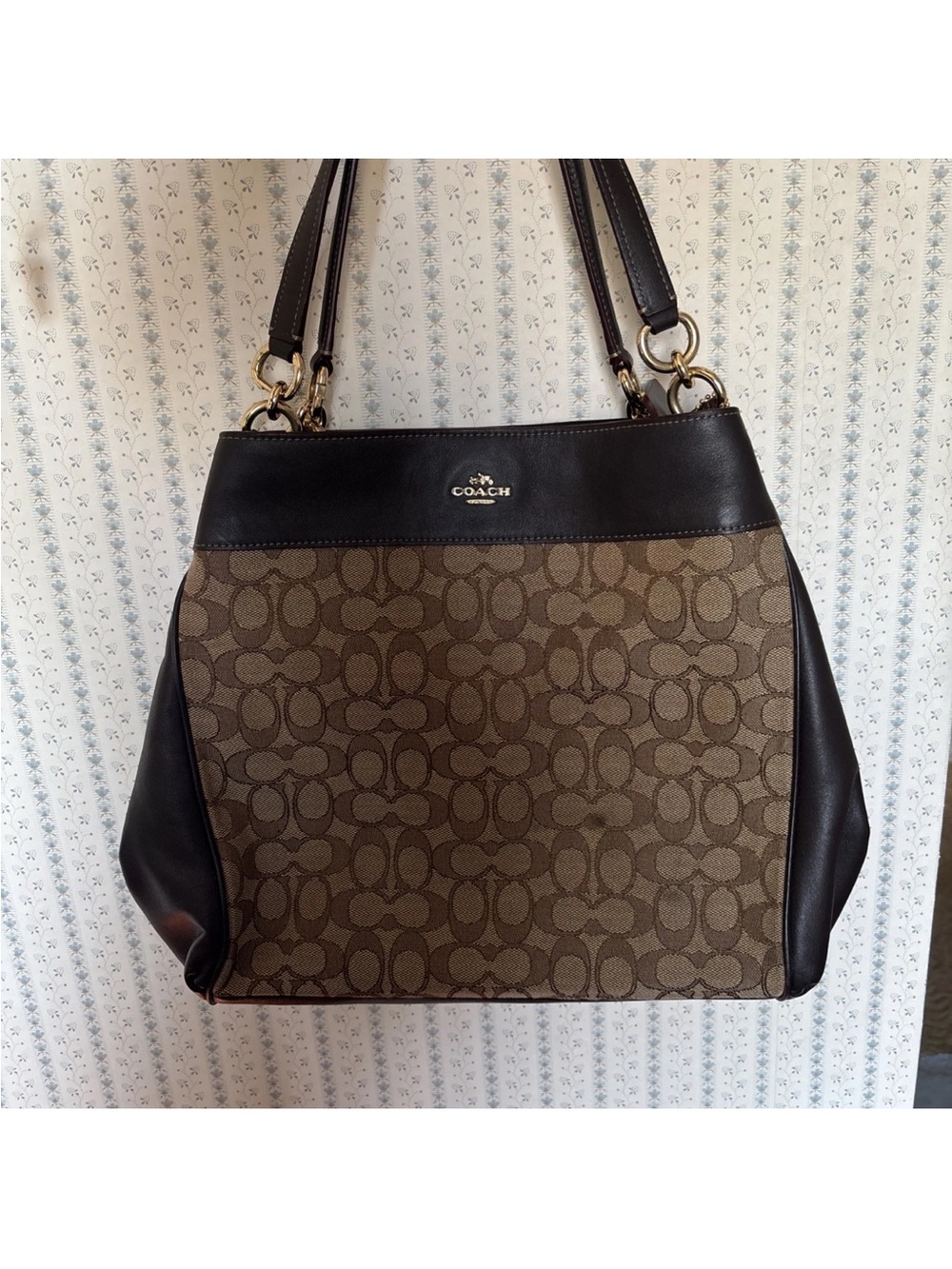 Coach Brown Signature Canvas Shoulder Bag with Dark Brown Trim